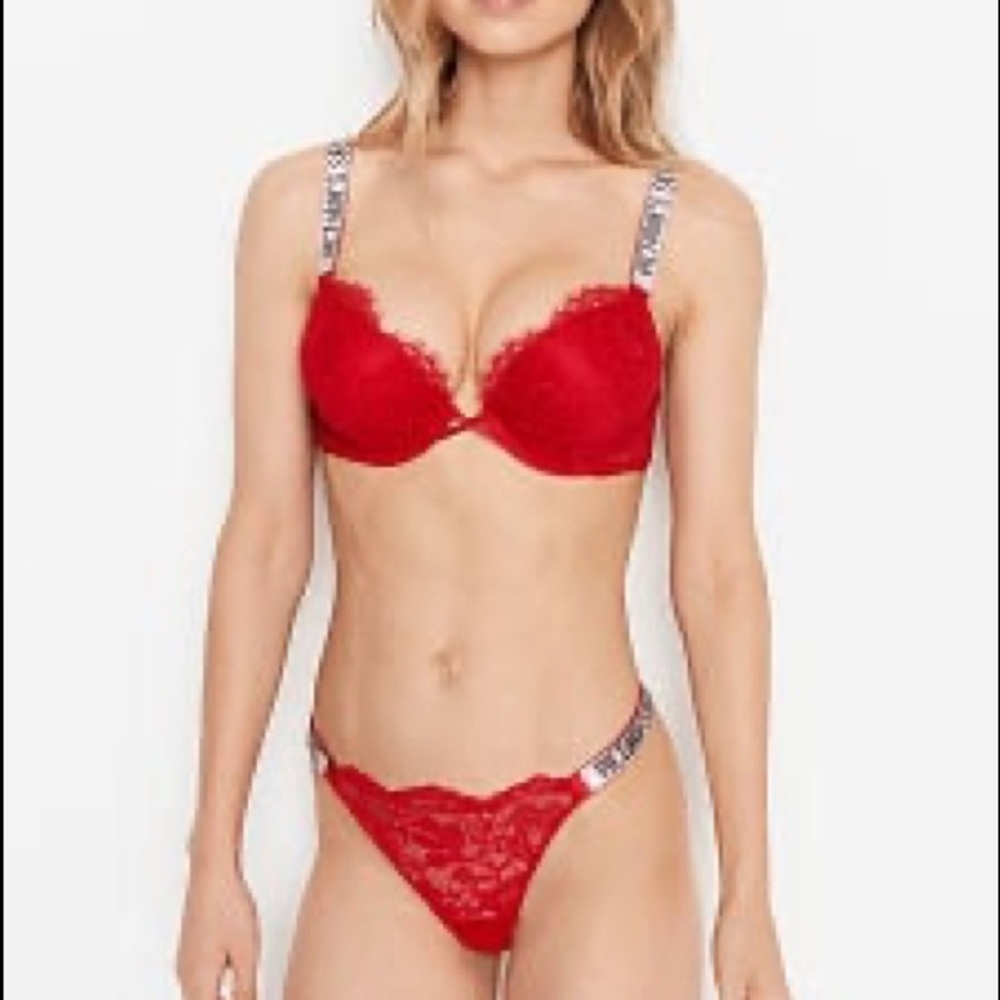 VS red lace trimmed added push up rhinestone bra